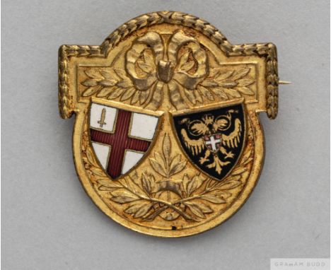 Yellow-metal and enamel London Football Association International match badgethe obverse decorated with enamel shields and la