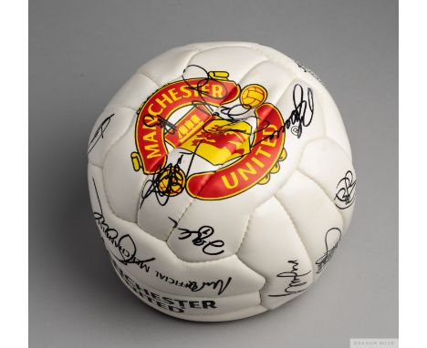 Signed Manchester United football, season 1999-2000, signed in black marker pen by 23 members of the first team, sold with a 