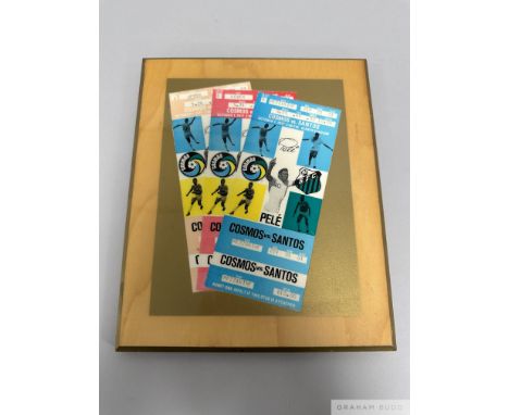 Pele Farewell Match tickets presentation, a laminated wooden frame enclosing a trio of match tickets for the Cosmos v Santos 