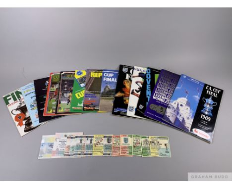 A run of ten F.A. Cup Final programmes, 1980 to 1989 all played at Wembleywith replays and all with ticket stubs and some wit