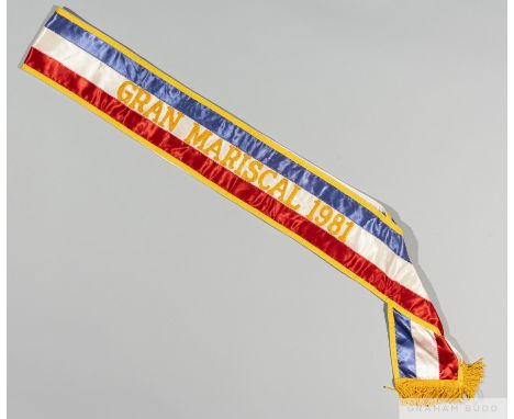 Ex-Pelé Collection: red, white, and purple sash embroidered with the text "Gran Mariscal, 1981"Grand Marshal sash as issued t