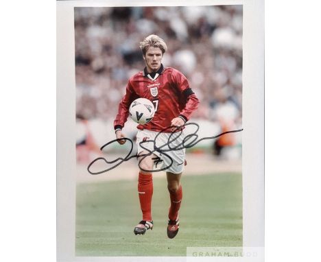 David Beckham official signed England photograph in leather bound slip case, complete with certificate of authenticity certif