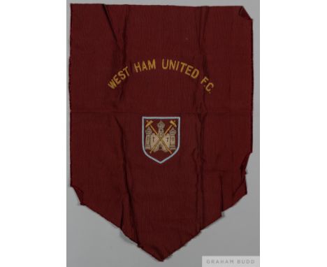 Vintage West Ham United pennant embroidery,on claret cloth, gilt wire club inscription and wirework club crest, 56 by 40cm. G