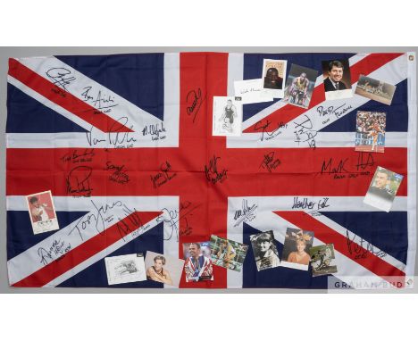 Olympics: Union Flag autographed by twenty-two British Olympic medallistsincluding Chris Hoy, Ben Ainslie, David Florence, Vi