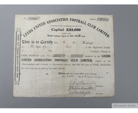 Leeds United 1920 share certificate issued to W.A Hinchcliffe for the sum of £1 from a share issue to raise capital of £25,00