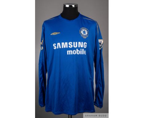 Didier Drogba signed blue and gold No.15 Chelsea long-sleeved Centenary shirt, season 2005-06, Umbro, XXL, the sleeves with B