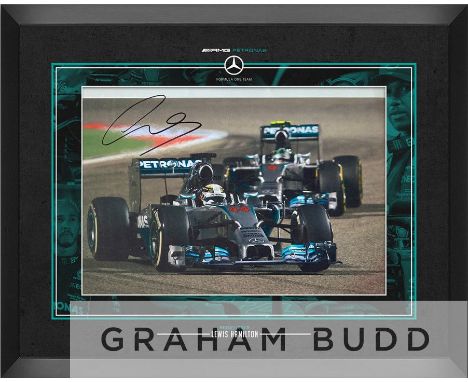 F1: Lewis Hamilton seven times World Champion signed & framed photograph Mercedes AMG Petronas car No 44, photograph set into