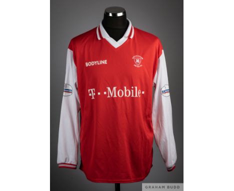 Richie Barker red and white No.29 Rotherham United long-sleeves shirt, 2002-03, Bodyline, XL, with v-neck collar and embroide