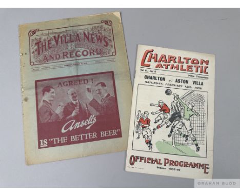 Charlton Athletic v. Aston Villa, F.A.Cup final match programme, 12th February 1938record gate for Charlton and Aston Villa v