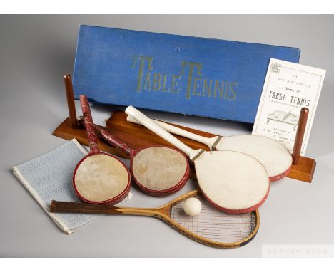 Table Tennis, a boxed set by F.H. Ayres, circa 1900,the blue box with 'Table Tennis' lettering, containing two pairs of vellu