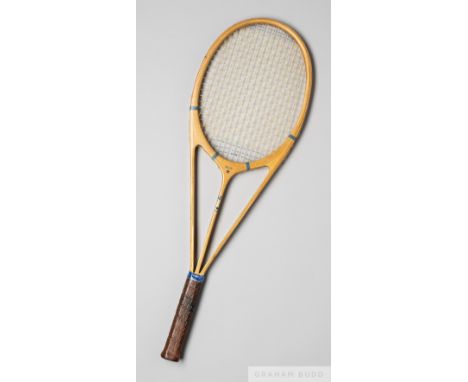 Lawn Tennis rare Hazell Streamline racquet, circa 1940s,wooden with original nylon strings, leather grip, bearing applied lab