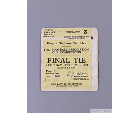 F.A. Cup Final ticket for Bolton Wanderers v. Portsmouth, 27th April 1929Row 14 Seat 18, text front and back