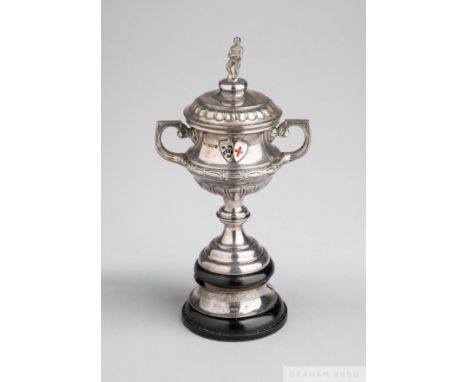 Tom Wilson silver and enamel 1924-25 Huddersfield Infirmary & Victoria Nurses Hospital Cupthe two-handled trophy cup surmount