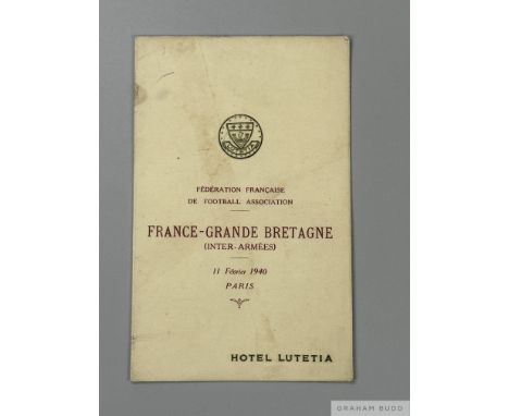 Wartime French Army v British Army, 11th & 13th February 1940 signed menu card,the British Army touring side played three mat