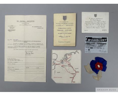 England v Scotland handbook for the game at Wembley on 6th April 1957, along with an FA Letter, an Invitation to the post inn