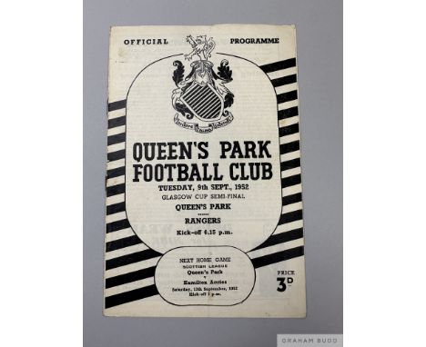 Rare Queen's Park v. Rangers Glasgow Cup Semi-Final match programme, 9th September 1952signs of fold, light creasing, slight 