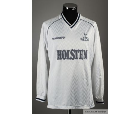 White and blue No.3 Tottenham Hotspur match worn long-sleeved shirt, c.1988-89, Hummel, with (cut) v-neck collar and embroide