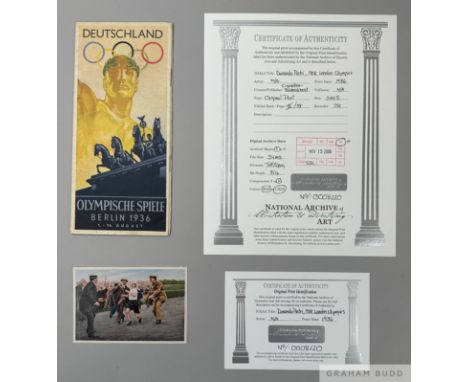 1936 Olympic advertising&nbsp;card depicting Dorando Pietri finishing the 1908 marathon with certificate of authenticity from