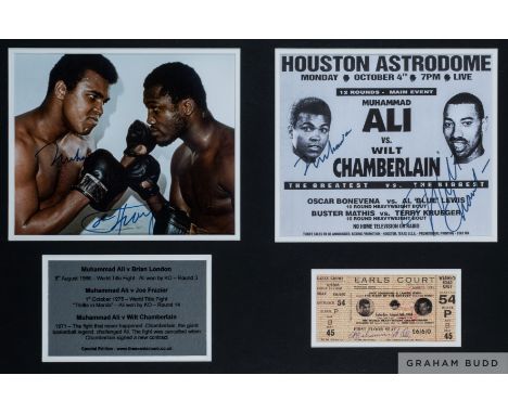 Muhammad Ali signed tribute boxing presentation display v Joe Frazier, v Brian London and v Wilt Chamberlain, featuring a sig