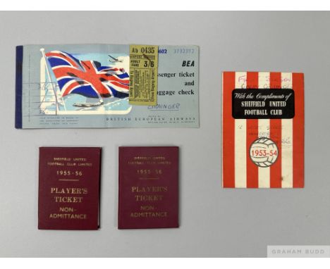 Two Sheffield United FC Player ticket books for the 1955/6 season issued to Colin Grainger, along with a 1953/4 Sheffield Uni