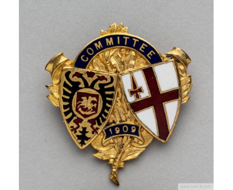 Yellow-metal and enamel London Football Association committee badge, 1909 the obverse inscribed COMMITTEE, 1909 by Skinner &a