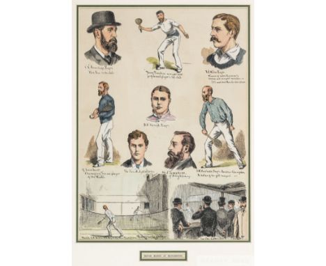 Lawn Tennis 'Tennis Match at Manchester' print featuring B.N. Akroyd in a central position surrounded by various real tennis 