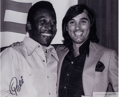 A large black and white portrait photograph of Pele and George Best, signed in black marker pen on the front by Pele and acco