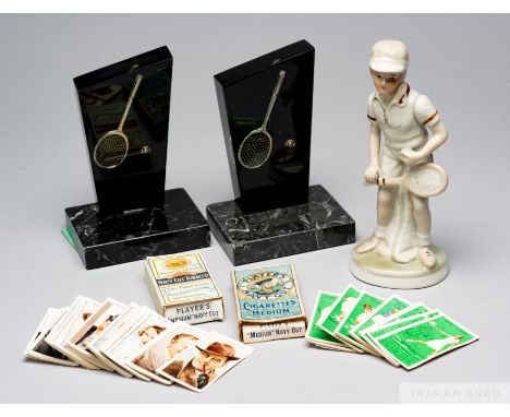 Miscellany of Football, Tennis and Cricket items, comprising two cricket twin handle trophies, the first silver engraved ALNW