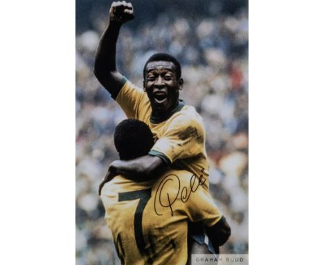 A large colour portrait photograph of Pele celebrating his legendary "Goal of the century" signed in black marker pen on the 