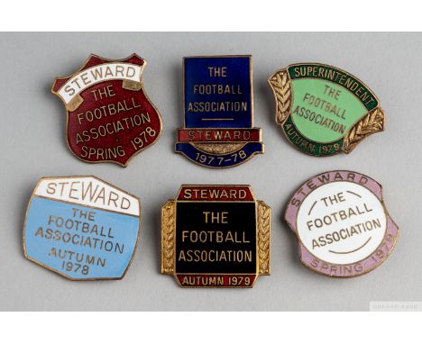 Nice group of six Football Association Wembley Stewards enamel lapel badges1977-78, 1978 (x2) and 1979 (x3) (6)