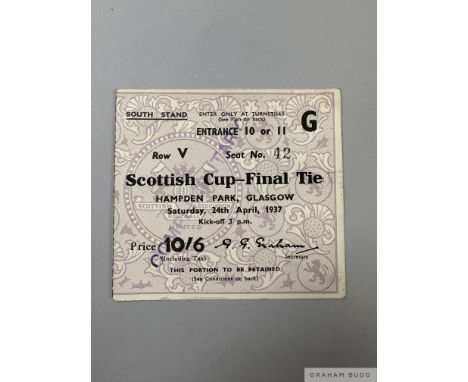 Rare Celtic v. Aberdeen Scottish Cup Final ticket stub, 24th April 1937previously stuck down within an album, some wear to ba