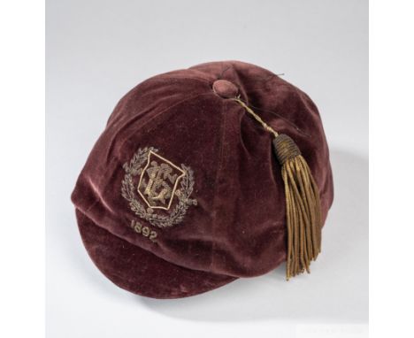 William Proudfoot's maroon Scottish League v. Scottish Alliance cap, 1892with gilt embroidered tassel, SFL initials and 1892T