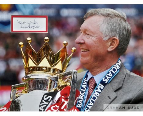 Sir Alex Ferguson ex Manchester United manager, their most successful of all time, signed card mounted within a photograph th