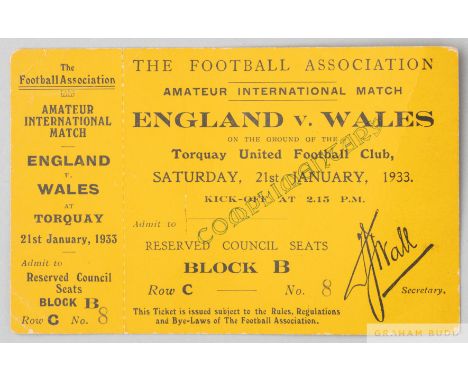 An unused ticket for the England v Wales amateur international matchplayed at Torquay United's Plainmoor ground 21st January 