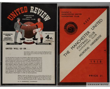 Manchester United v. Sheffield Wednesday, F.A. Cup 5th Round match programme, 19th February 1958, memorial programme first ho