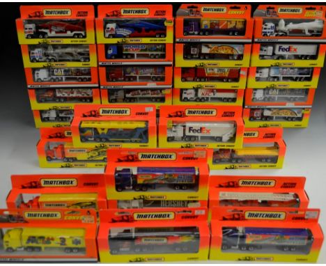 Matchbox Toys - Convoy Articulated wagons, inc Harley Davidson, Ringling Bros Barnum & Bailey;  rocket launcher;  Fire Engine