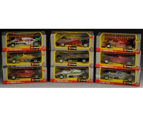 Burago - 1:24 scale model Racing cars inc 6101 Ferrari 641/2;  6102 Benetton Ford;  6104 Brabham BT Turbo;  6107, Lotus Turbo