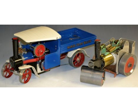 Mamod  - a Steam Wagon, SW1, blue body, red spoked wheels, boxed;  another Steam roller, part scratch built (2) 