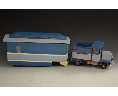A scratch built model of a Scammel type wagon and caravan, wooden bodies, two tone blue painted body, red and black line deta