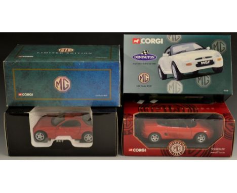 Corgi Toys - a 1:18 scale model car, 46603 MGF Open-Top, Signal Red;  others 95100 MGF Donington 2nd & 3rd September 1995;  9