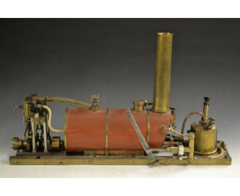 A scratch built marine live stream engine with reversing gear,red metal bound wooden slat cased boiler, pressure gauge, flare