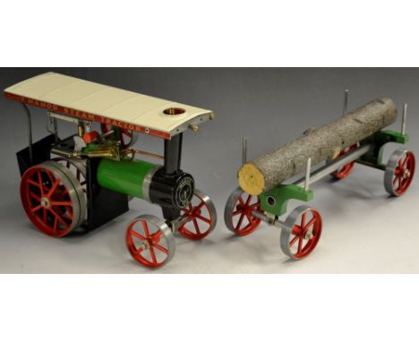 Mamod  - a TE1A Steam Traction engine, green and black body, red spoked wheels, cream canopy;  a LW1 lumber wagon (2) 