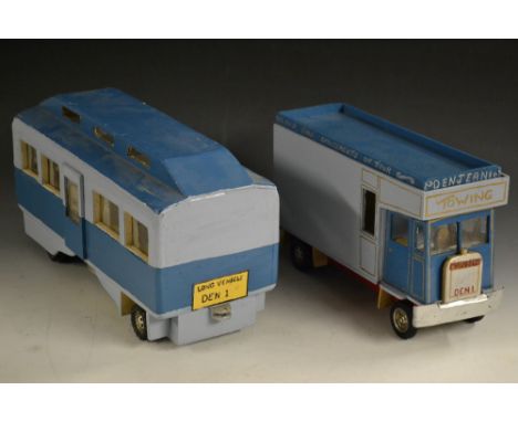 A scratch built model of a Maudsley type cab over wagon and caravan, wooden bodies, two tone blue painted body, gilt line det