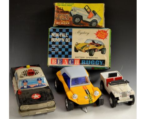 A Vintage Taiyo (Hong Kong) battery operated mystery action Bump N Go Beach Buggy, No910;  a Marx Hill Climbing Jeep, both bo