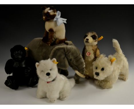 Steiff Animals - a Trampy Elephant, yellow ear tag No 063367;  others, Amy Gorilla, yellow ear tag No 660634, bag and certifi