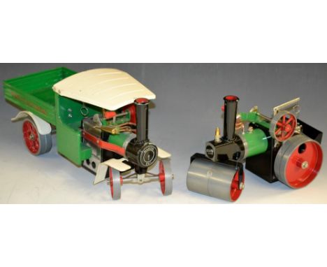Mamod  - a Steam Wagon, SW1, green body, red spoked wheels, cream canopy, unboxed;  another SR1A Steam roller, boxed (2) 