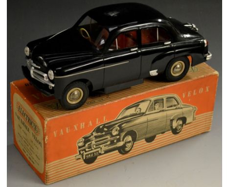 Victory Industries - a 1:18 scale Vauxhall Velox battery operated model car, moulded black plastic body, red interior, cream 