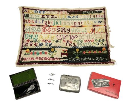 Victorian sampler worked with the alphabet by Carrie Monkman 1886, Victorian silver-plated cigarette case, Carlo simulated to