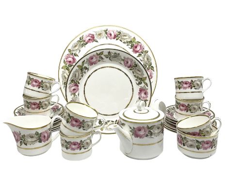 Royal Worcester Royal Garden pattern tea service for seven place settings, comprising teapot, teacups, saucers, side plates, 