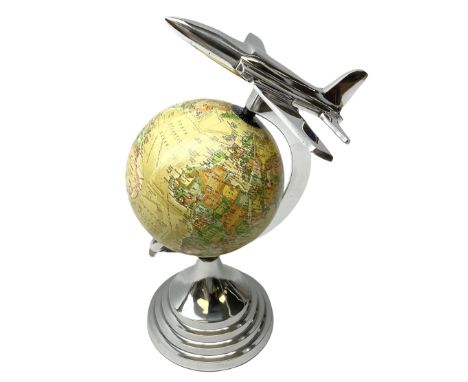 Art Deco style aluminium globe with aeroplane finial, H31cm